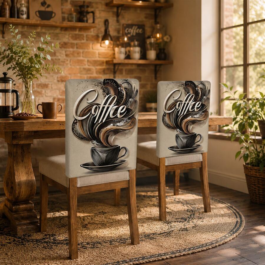 2/4/6pcs Coffee Pattern Printed Linen Dining Chair Covers, Full Chair Protector, Removable & Washable, Dust-Proof Universal Chair Covers, Suitable For Kitchen Dining Chairs, Restaurant Chairs, Hotel Chairs, Banquet Chairs And Home Decor - Multicolor - View 1
