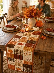 1pc-Autumn Table Runner 72 Inch, Pumpkin Maple Leaf Patchwork Table Runner With Rustic Plaid Pattern, Thanksgiving Linen Look Table Decor, Farmhouse Fall Dining Table Decoration, Cozy Harvest Home Party Centerpiece - Multicolor - View 7
