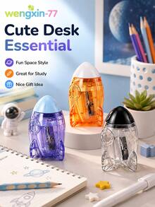 1pc Cute Rocket Shaped Pencil Sharpener, Transparent Mini Hand‑Held Pencil Cutter, Portable Space Theme Pencil Sharpener For Student School Stationery Supplies - Multiple Styles - View 1