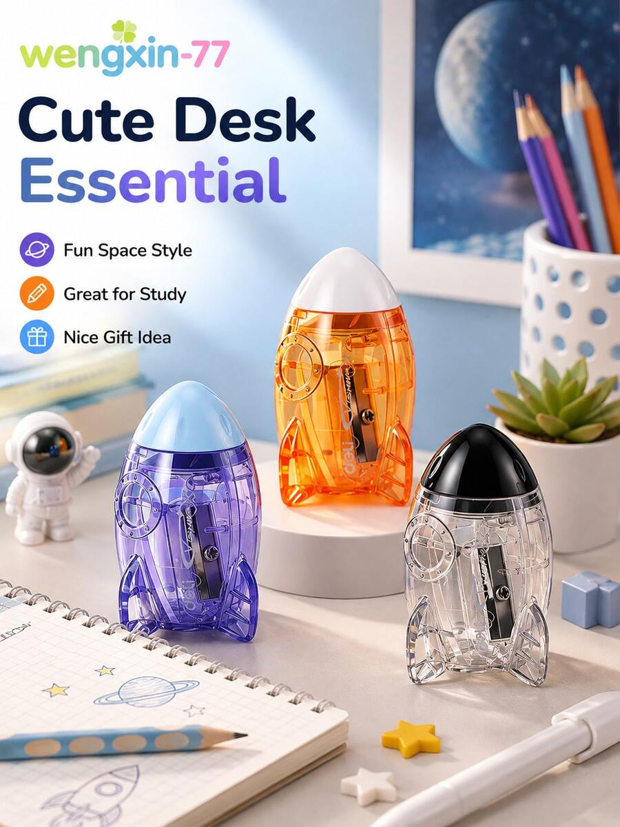 1pc Cute Rocket Shaped Pencil Sharpener, Transparent Mini Hand‑Held Pencil Cutter, Portable Space Theme Pencil Sharpener For Student School Stationery Supplies - Multiple Styles - View 1