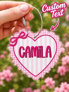 客製化姓名鑰匙圈，粉色愛心壓克力包包吊飾，客製文字鑰匙環，可愛格紋吊飾，生日送禮、送給朋友的獨特禮物 - 彩色 - 查看 1