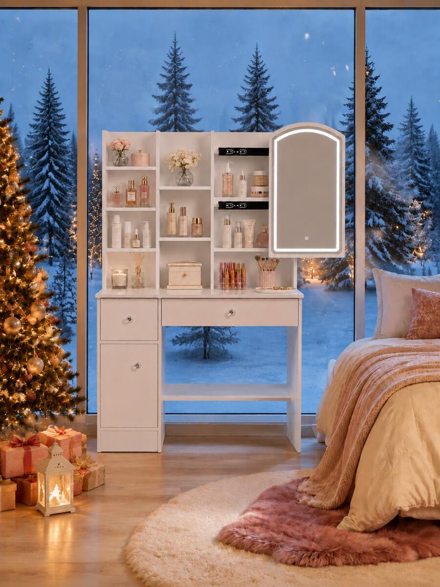 White Sliding Mirror Vanity Desk Set With Storage Stool, Makeup Dressing Table With 5 Drawers, Hidden Mirror Cabinet, Side Organizer Shelves, Modern Beauty Station Furniture For Bedroom
