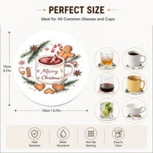 6pcs Christmas Element Pattern Printed Diatom Mud Coasters, Christmas Holiday, Can Be Used As Christmas Gifts, Christmas Decorations, Absorbent Beverage Coasters, Coffee Cup Coasters, Mug Coasters, Tea Cup Coasters, Desktop Protection Pads, Suitable For Dining Table, Coffee Table, Bar Counter And Office Desk Decoration - Multicolor - View 8