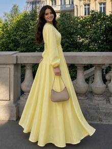 Women's Solid Yellow Belted Maxi Dress, Long Sleeve Flowy A-Line Dress With Tie Waist - Yellow - View 6