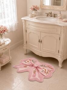 1pc Sweet Pink Floral Bow Shaped Rug, Soft Long Pile Asymmetrical Decorative Mat, Suitable For Bedroom, Bathroom, Vanity, Entryway And Girls Room, Romantic Country Style Home Decor, Multiple Sizes, Bathroom Decor, Autumn Home Decor - Pink - View 4