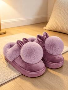 Women's Cute Rabbit Purple Flat Non-Slip Plush House Slippers, Comfortable Soft Warm Autumn/Winter Indoor Shoes - Purple - View 4