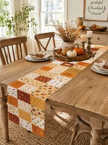 1pc-Fall Table Runner 72 Inch, Autumn Patchwork Table Runner With Pumpkin Leaf Plaid Design, Linen Texture Thanksgiving Table Decor, Rustic Farmhouse Dining Table Runner For Kitchen, Harvest Season Home Party Decoration - Multicolor - View 7