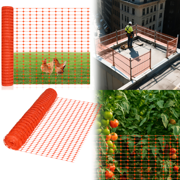 Clôture de jardin portable en plastique pour animaux domestiques 1x30/50/80m, idéale pour empêcher les animaux de s'échapper. Parfaite pour les pâturages et les jardins, elle sert également de clôture mobile pour le camping. Fabriquée en PE, elle convient aux chiens, lapins et poules (vert/orange).