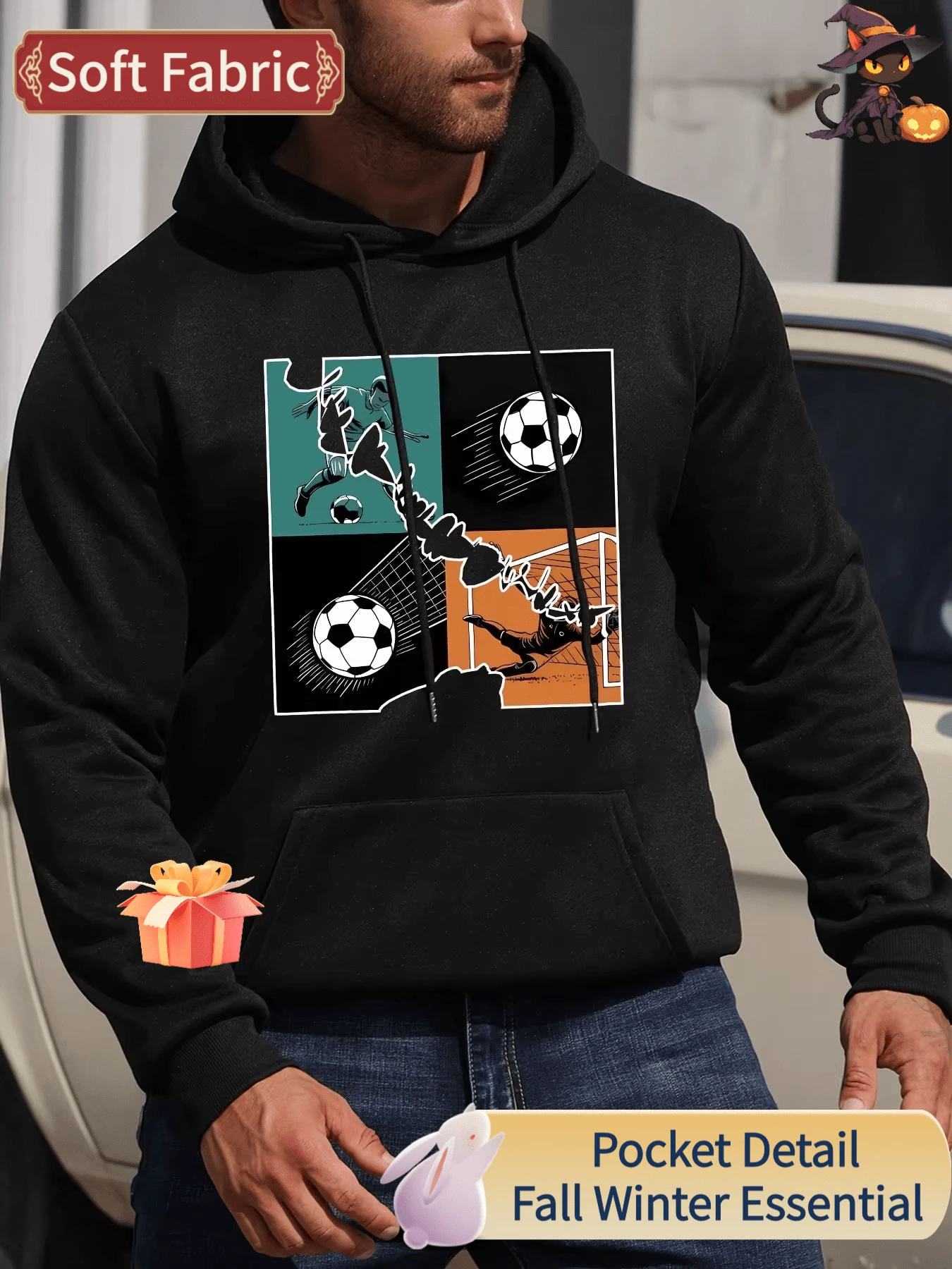 Neue Herren- und Damen-Fußball-Muster-Sweatshirts, modische Kapuzenpullover mit Kordelzug, Herbst- und Winter-Oberteile, bequeme und vielseitige Langarm-Kapuzenpullover - Schwarz - Übersicht 1