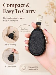 Compact Genuine Leather Key Pouch With Zipper And Hook, Durable And Stylish Leather Car Key Ring Protective Case, 360° Full Protection, With Safety Chain To Prevent Keys From Scratching Phone - Multicolor - View 5