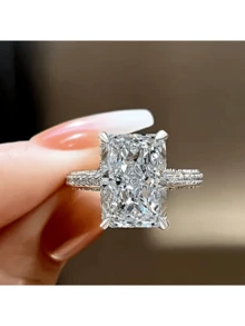 Elegant Promise Silver-Plated Ring, Inlaid With Sparkling Zirconia, Rectangular Design, Engagement Ring, Wedding Ring, Evening Party Decoration, Symbolizing Beauty And Elegance. - Silver - View 3