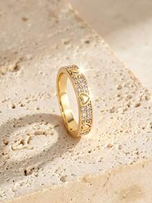 1/4pcs Women's Luxury Zirconia Star & Heart Design Wide Band Stackable Rings With Clasp, Autumn Date Party Daily Wear Gift Jewelry - Gold B - View 7