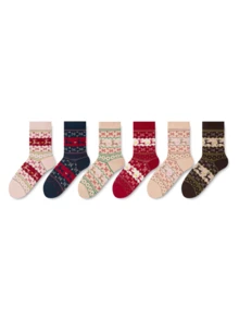 ZUJO 5 Pairs Women's Mid-Calf Socks, Fair Isle And Christmas Pattern, Daily Wear, Simple And Comfortable, Couple Matching Socks, Random Color - Multicolor - View 5