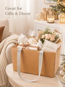 1/5/10/20pcs Kraft Paper Gift Baskets With Fabric Handles, Foldable Paper Gift Bags, Christmas Eve Gift Packaging Boxes, Reusable Handheld Gift Bags, Suitable For Christmas, Weddings, Parties, Gatherings Decoration, Holiday Gift Packaging Containers, Random Style - Multicolor - View 6