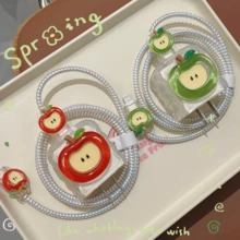 5pcs 3D Cartoon Green & Red Apple Data Cable Protector Set, Fresh Summer 3D Apple Digital Accessories Multi-Scenario Compatible, Compatible With Apple 18W/20W Fast Charging, Energetic Cartoon Healing Data Cable Protector Set Portable Digital Gadget, Can Be Given As Birthday, Christmas, New Year Holiday Gift To Family - 3D Red Apple - View 2