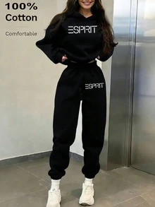 Black 100% Cotton Women's Sports Set, Featuring Ribbed Knit Details, Round Neck, Regular Sleeve Style, Comfortable For Daily Wear - Black - View 2