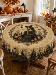 Halloween Tablecloth, Gothic Witch Tablecloth With Magic Cauldron, Witch Hat, Black Cat, Pumpkin, Bat, Moon And Haunted Castle Pattern, Vintage Autumn Dining Room Decor, Suitable For Kitchen, Party Gathering, Indoor And Outdoor Use - M - View 7