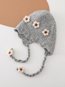1pc Girls' Autumn/Winter 3D Floral Knitted Earflap Hat, Fashionable Warm Woolen Beanie With Tie - Multicolor - View 7