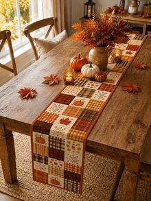 1pc-Autumn Table Runner 72 Inch, Pumpkin Maple Leaf Patchwork Table Runner With Rustic Plaid Pattern, Thanksgiving Linen Look Table Decor, Farmhouse Fall Dining Table Decoration, Cozy Harvest Home Party Centerpiece - Multicolor - View 4