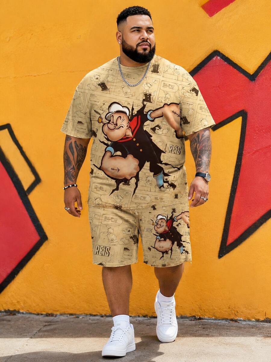 Set Pakaian Olahraga Kasual Streetwear Pria - Desain Grafis "Pelaut Kartun Vintage Usang", Kain Rajut Poliester, Leher Bulat, Celana Pendek Bertali, Saku, Potongan Reguler, Ukuran Besar - MultiWarna - View 1