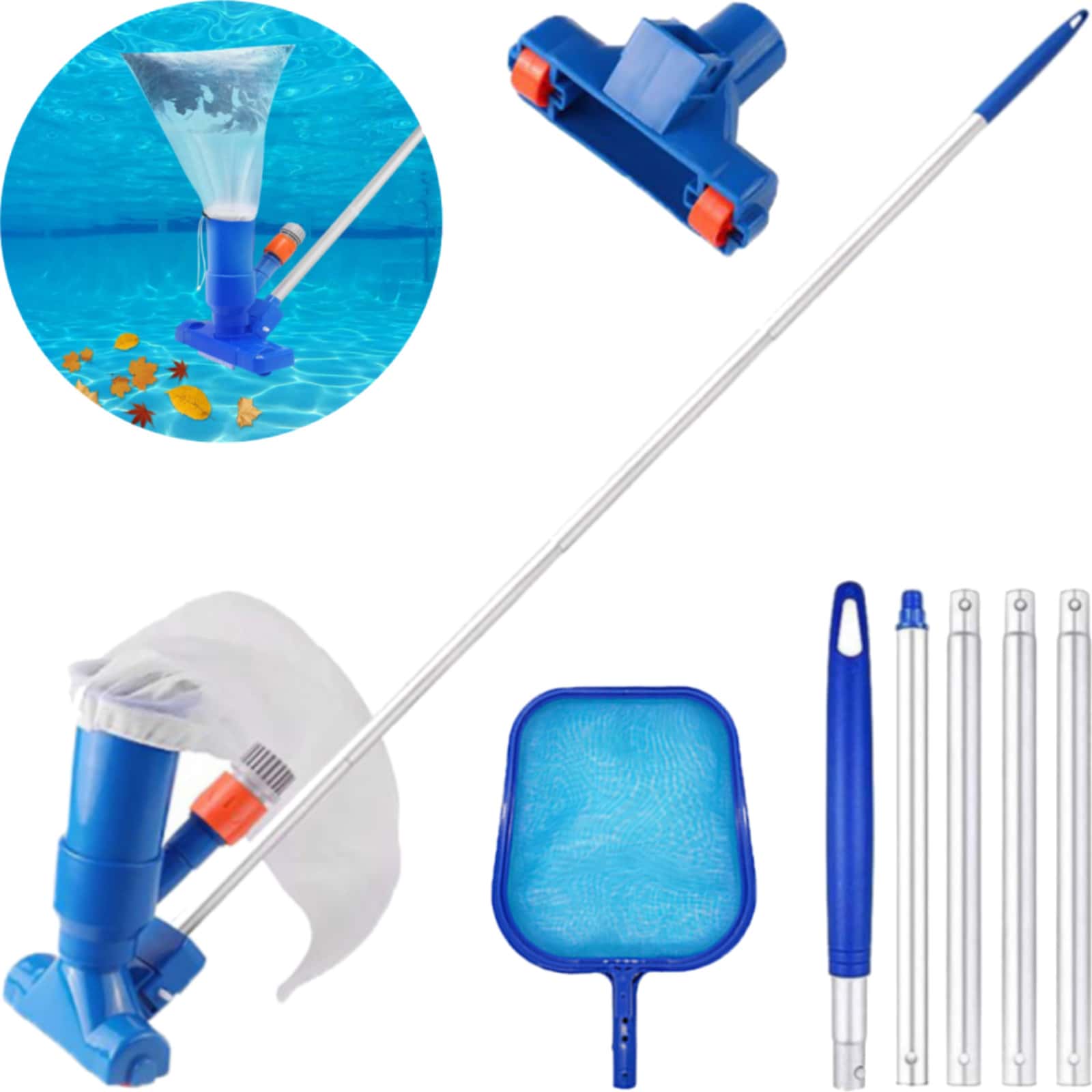 Portable Pool Cleaning Kit With Vacuum, Leaf Rake Net With Aluminum Frame For Above-Ground Pool, Spa, Hot Tub, Pond - BLUE - View 1