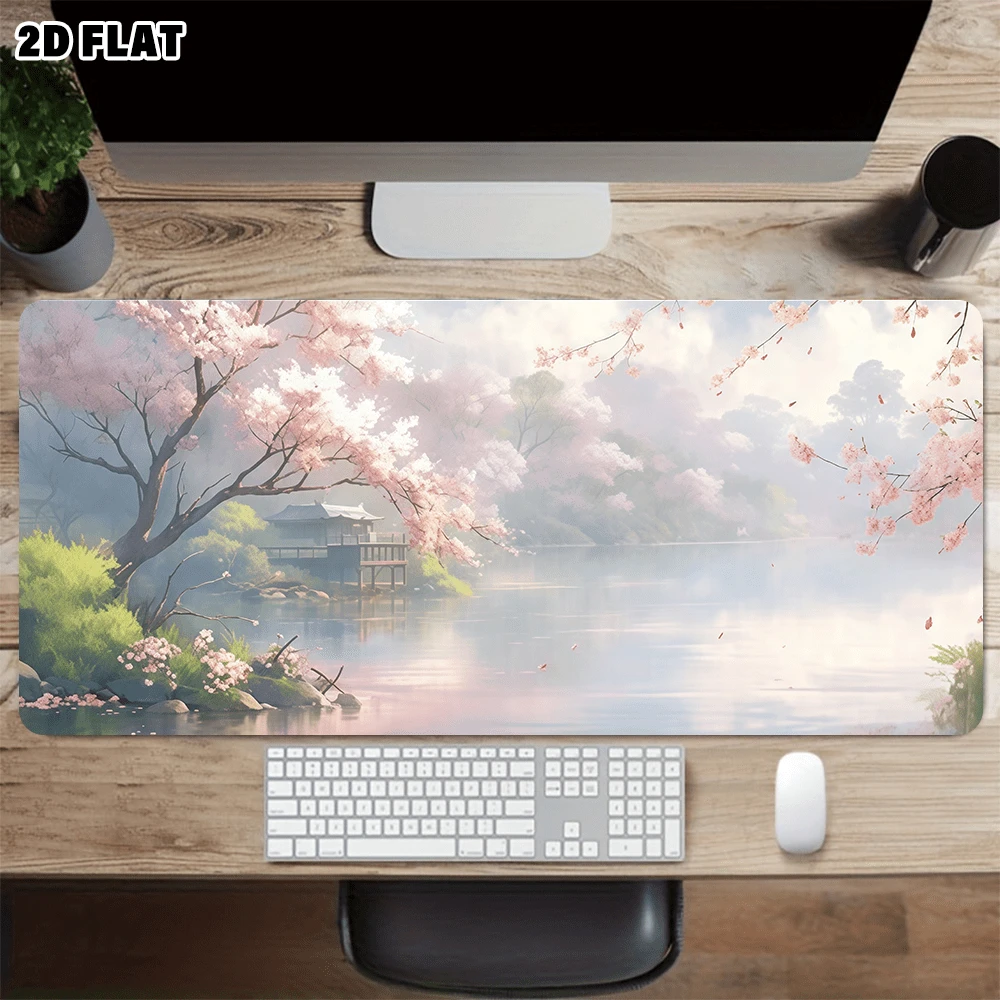1PC Dreamy Misty Sakura Lake Pavilion Large Desk Mat, Soft Watercolor Japanese Spring Sakura Riverside Landscape Keyboard Pad, Non-Slip Waterproof Extended Mouse Pad For Office, Gaming Decor, Atmospheric Light Pink Floral Natural Landscape Desktop Protector - Japanese Aesthetic - View 1