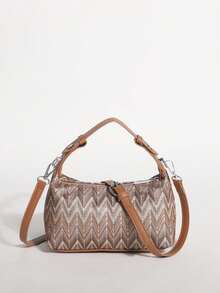 Bolso de hombro tejido con espiga vintage, bolso de mano retro de tela a rayas con correa ajustable de cuero sintético, bolso de hombro pequeño ligero y casual para uso diario, viajes, compras y citas - Marrón - Ver 5