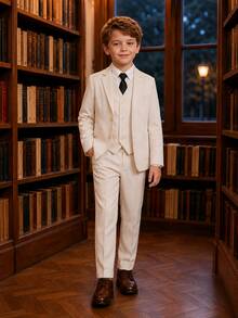 New Boys' Suit Set, Page Boy Wedding Outfit, British Style Boys' Formal Suit 3 Pieces Set, Suit Jacket And Pants - Beige - View 3