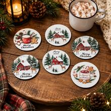6pcs Christmas Element Pattern Printed Diatom Mud Coasters, Christmas Holiday, Can Be Used As Christmas Gifts, Christmas Decorations, Absorbent Beverage Coasters, Coffee Cup Coasters, Mug Coasters, Tea Cup Coasters, Desktop Protection Pads, Suitable For Dining Table, Coffee Table, Bar Counter And Office Desk Decoration - Multicolor - View 2