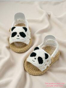 1 Pair Handmade Crochet Infant Sandals With Panda Applique, Infant Shoes, White And Khiki - White - View 7