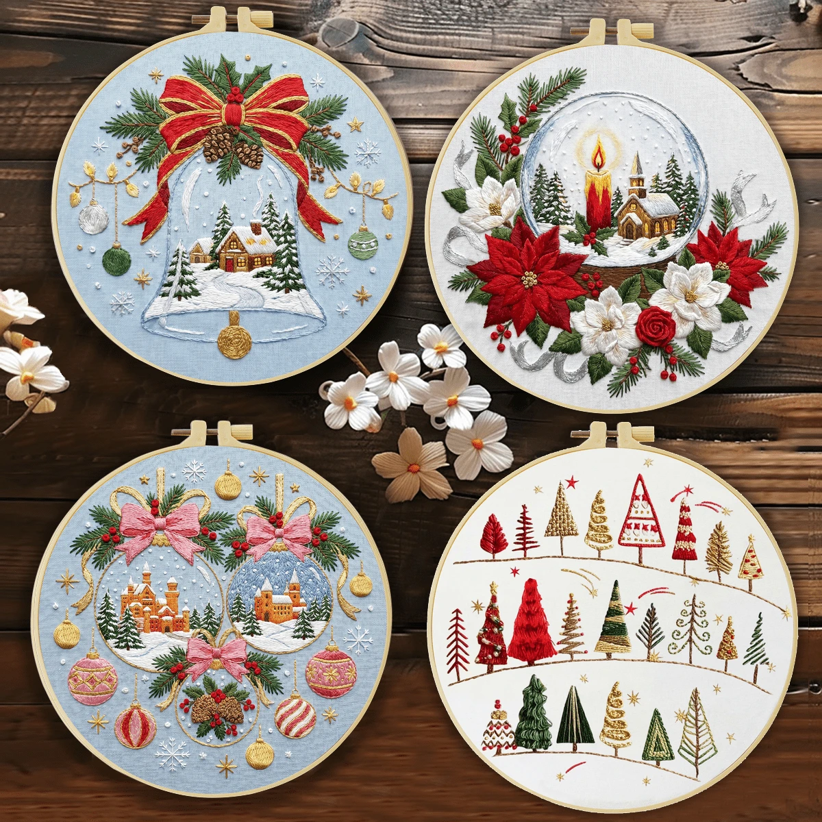 1件 20*20cm/7.9*7.9in聖誕系列刺繡套件，DIY手工刺繡套裝，適合成人初學者，居家禮物、女性縫藝禮物，含使用說明書、印花布料、刺繡框、針與線