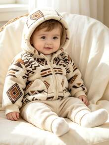 Baby Boy Jacquard Apricot Fuzzy Hooded Zip-Up Jacket, Fashionable - Apricot - View 4