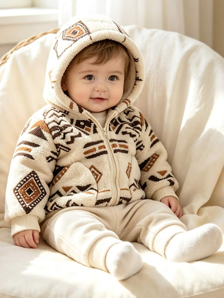 Baby Boy Jacquard Apricot Fuzzy Hooded Zip-Up Jacket, Fashionable