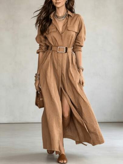 Vestido Camisero Maxi Manga Larga con Bolsillos y Cinturón Incluido Abertura Delantera Estilo Elegante Informal Mujer