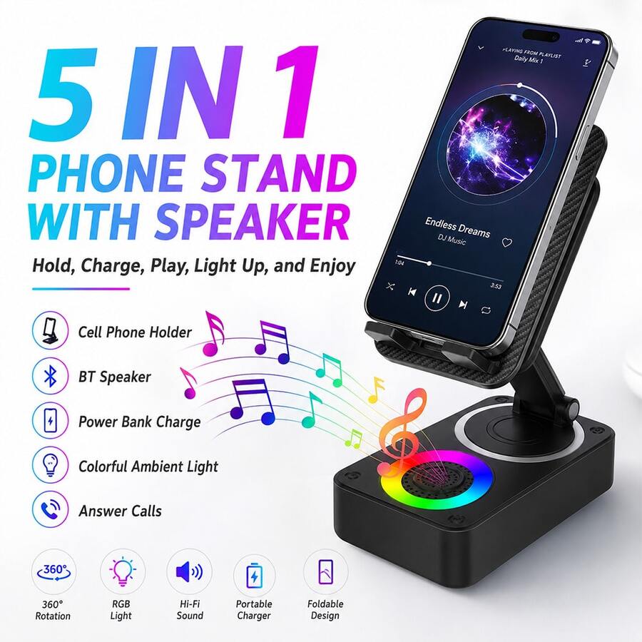 5-In-1 Phone Stand With Wireless Bluetooth Speaker, 360° Adjustable Mobile Device Holder For Smartphones & Tablets, Portable HD Surround Sound Speaker With LED Lights & Emergency Power Bank, Tech Gadget Gift - one-size - View 1