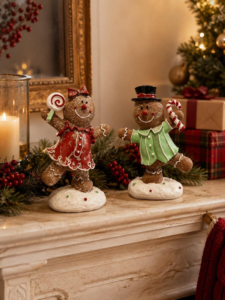 1pc Gingerbread Man Tabletop Decor, Adorable Christmas Resin Figurine In Red Or Green Outfit, Candy Cane Cookie Ornament For Coffee Bar, Kitchen Counter, Mantel, Christmas Party, Xmas Home Decor And Gift - Multiple Styles - View 1