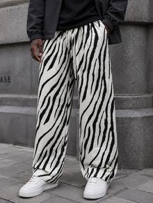 Men's Elastic Waist Zebra Print Casual Pants, Loose Lazy Wide Leg Long Trousers For Spring, Autumn And Summer - Black - View 5