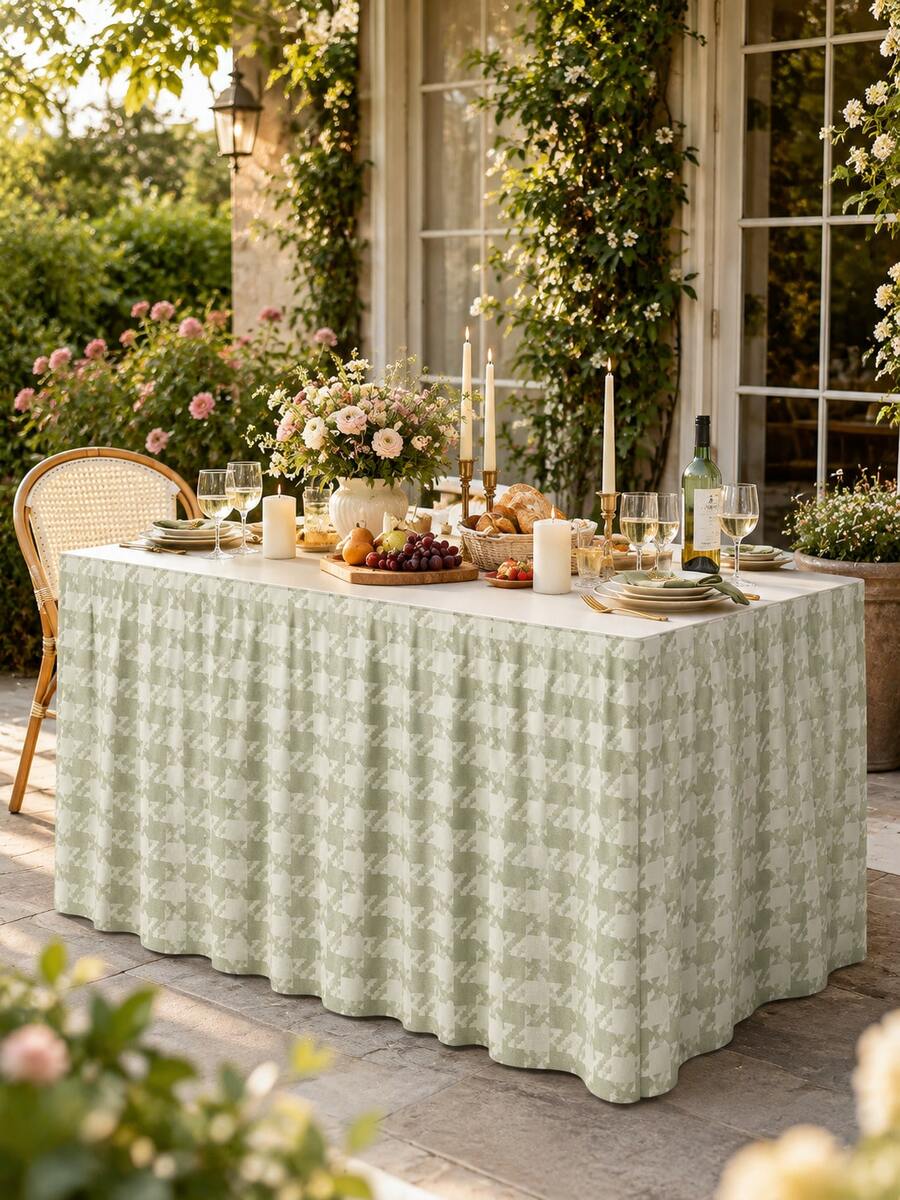 1pc-Sage Green Stretch Table Skirt For Rectangle Table, Elastic Table Skirt With Hook And Loop Fastener, Reusable Washable Fitted Table Cover Skirt For Dining Table, Party, Buffet, Wedding, Everyday Home Decor - Multicolor - View 1