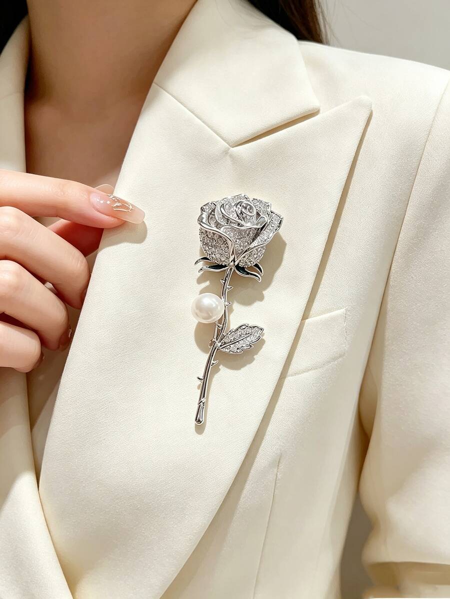 Elegant Dark Rose Brooch, High-End Women's Brooch, Elegant Full Rhinestone Rose Corsage, Niche Design Pin - Silver - View 1