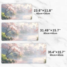 1PC Dreamy Misty Sakura Lake Pavilion Large Desk Mat, Soft Watercolor Japanese Spring Sakura Riverside Landscape Keyboard Pad, Non-Slip Waterproof Extended Mouse Pad For Office, Gaming Decor, Atmospheric Light Pink Floral Natural Landscape Desktop Protector - Japanese Aesthetic - View 7