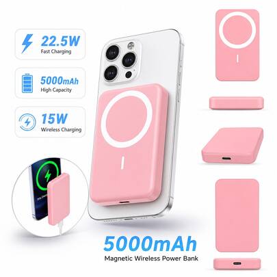Pink Slim Magnetic Power Bank With 5000mAh Capacity, Wireless Phone Battery Pack For Daily Carry, Provides 22.5W Fast Wired Charging And 15W Wireless Charging, Featuring High-Capacity Battery Support, Simple  Placement And A Compact Everyday Shape, College Essentials For Students Managing Lectures, University Activities, Gym Sessions, Travel And Daily Phone Use