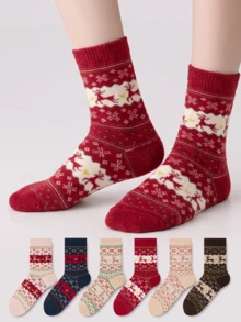ZUJO 5 Pairs Women's Mid-Calf Socks, Fair Isle And Christmas Pattern, Daily Wear, Simple And Comfortable, Couple Matching Socks, Random Color - Multicolor - View 4