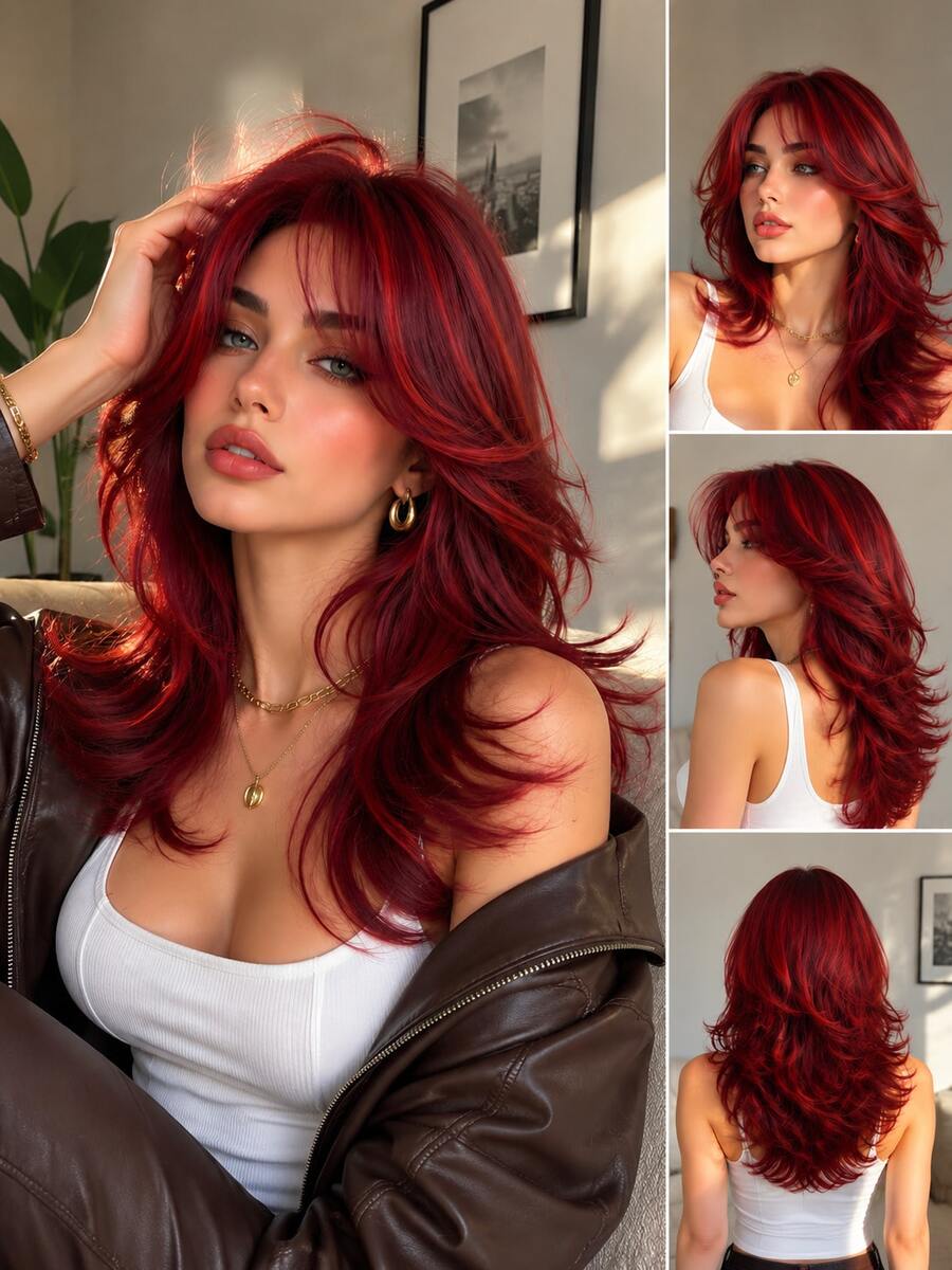 Women's Burgundy Long Layered Wavy Wig With Red Highlights, Wolf Cut Style Synthetic Fiber Hairpiece With Curtain Bangs, Heat-Resistant Face-Framing, Suitable For Daily Wear, Party And Cosplay