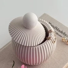 2Pcs/Set Ins Style Vertical Striped Spherical Storage Jar With Lid Silicone Mold DIY Cement Clay Plaster Aromatherapy Candle Cup Nordic Style Jewelry Storage Box Resin Casting Mold - Style A-01 Round Striped Storage Box With Lid Mold - View 4