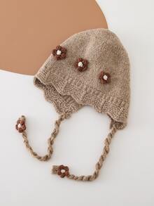 1pc Girls' Autumn/Winter 3D Floral Knitted Earflap Hat, Fashionable Warm Woolen Beanie With Tie - Multicolor - View 10