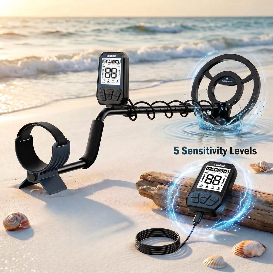 SUNPOW Rechargeable Metal Detector For Adults, High‑Accuracy 8" Detect Depth, IP68 Waterproof Search Coil,1500mAh 20H Runtime,Type‑C Fast Charging,4 Modes Notch Memory Pinpoint,Backlit LCD For Beach Shallow Water Coin Relic Gold Treasure Hunting - Rechargeable Metal Detector - View 1