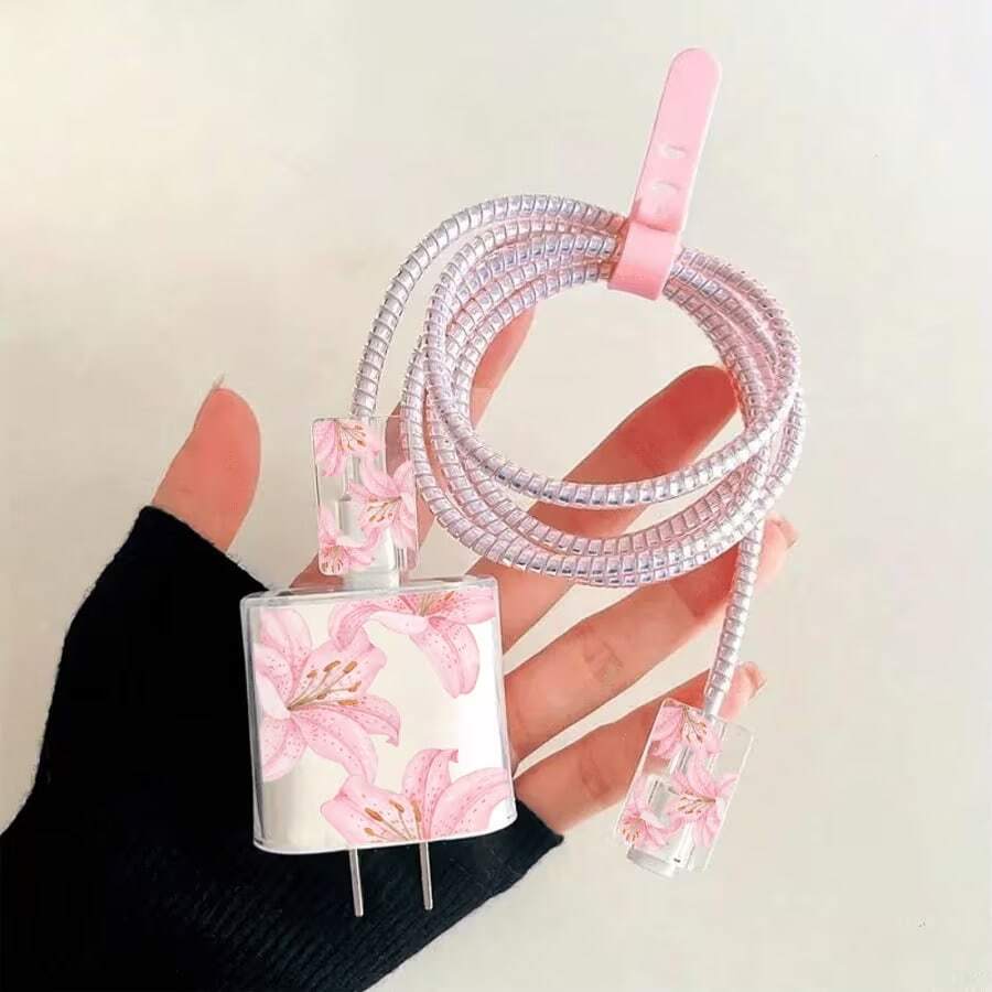 5入創意極簡花朵卡通手機數據線保護套,相容 iPhone 14 Pro Max 充電器保護套,數據線保護套,相容 iPhone 13/12/11 充電線收納器,18/20W 快充頭防斷線收納器,男友/女友禮物 - 粉色 - 查看 1