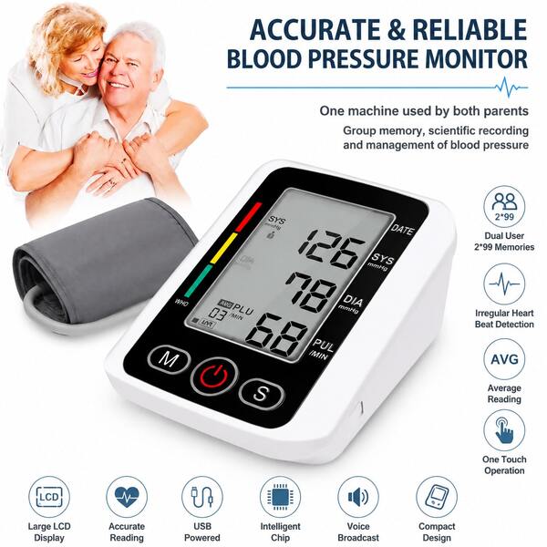 Automatic Upper Arm Blood Pressure Monitor, Digital BP Machine With Large LCD Display, Adjustable Cuff, One Touch Accurate Reading, Dual User Memory Blood Pressure Monitor For Home Use, Health Care Gift For Parents, Family & Seniors