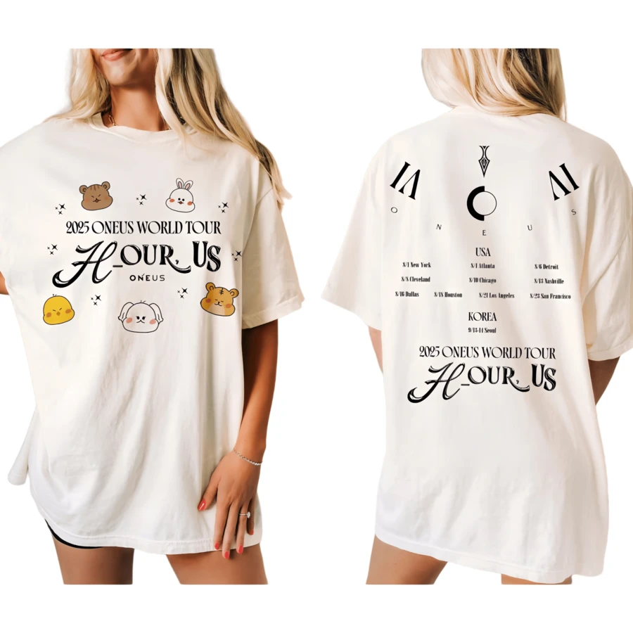 ONEUS H-OUR US 2025 World Tour Cartoon Chibi Two Side Print T-Shirt, Unisex Vintage Retro Concert Oversized Graphic Fan Merch Tee - 白色 - 查看 1