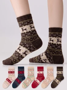 ZUJO 5 Pairs Women's Mid-Calf Socks, Fair Isle And Christmas Pattern, Daily Wear, Simple And Comfortable, Couple Matching Socks, Random Color - Multicolor - View 3